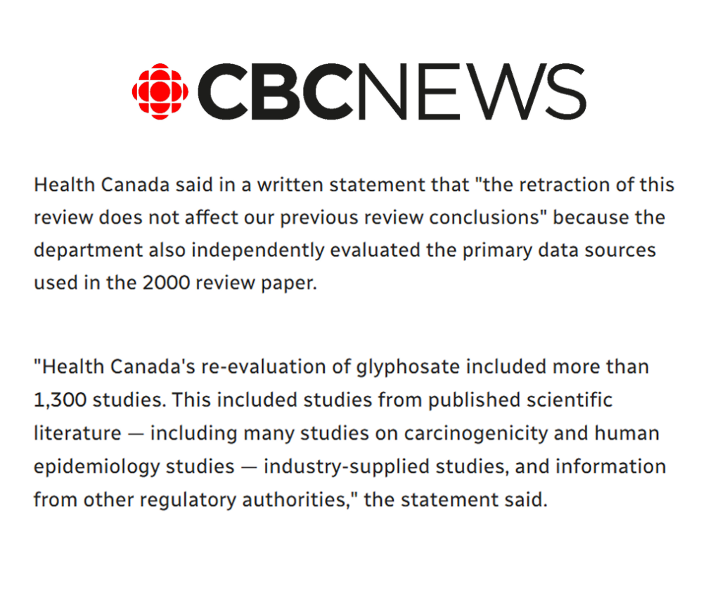 Screenshot of a CBC News article stating that Health Canada’s review and re-evaluation of glyphosate safety, including over 1,300 studies, is unaffected by the retraction of a 2000 review paper.