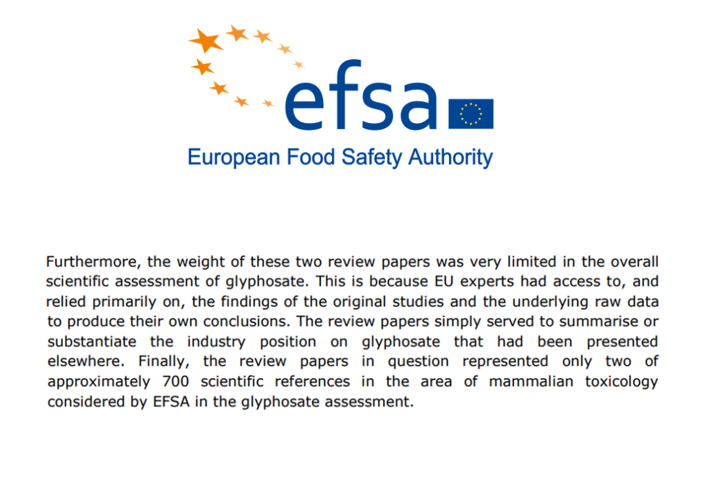EFSA logo with the text: European Food Safety Authority. Below, a paragraph discusses the limited impact of two review papers on EFSA’s glyphosate safety assessment, noting their reliance on existing studies and a small portion of scientific references.