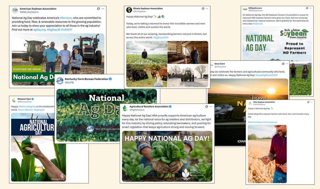 A collage of social media posts celebrating National Ag Day, featuring farmers, crops, fields, and supportive messages about agriculture and farming. Logos of agricultural organizations are visible on several posts.