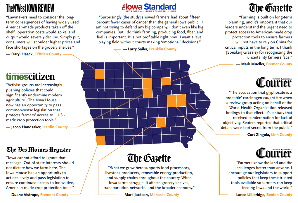 A map of Iowa with highlighted counties, surrounded by quotes from various local newspapers and individuals discussing the impact of food supply issues and agricultural policy on farmers, consumers, and rural communities.
