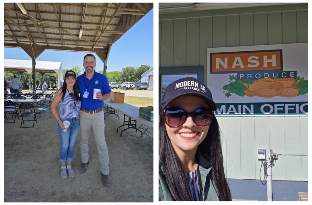 Left: A woman and a man smiling and standing under an open pavilion, holding cups. Right: A woman wearing sunglasses and a Modern Ag Alliance hat stands in front of a Nash Produce Main Office sign.