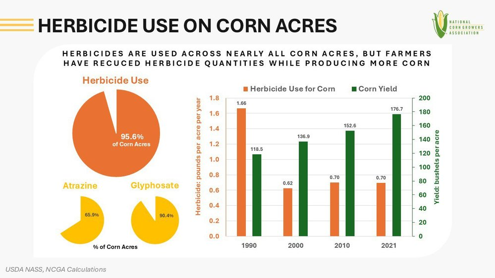 Infographic showing herbicide use on corn acres: a pie chart with 95.6% of corn acres treated, 65.9% with atrazine and 66.6% with glyphosate; a bar graph shows herbicide use fell as corn yield increased from 1990 to 2021.