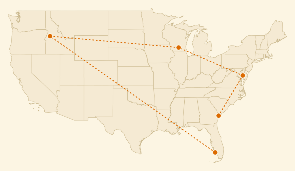 A U.S. map with five cities marked by orange dots, connected by a dotted line forming a zigzag path across the country from the Northwest to the Midwest, East Coast, Southeast, and West—highlighting key regions where agricultural and legislative leaders have made significant impacts.